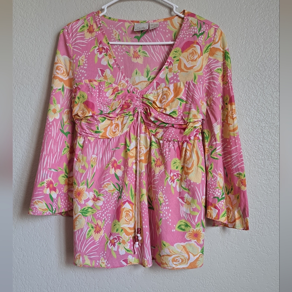 Y2K Pink Floral 3/4 Flare Sleeve Beaded Ruched Chest Tie Waist Top Size Medium